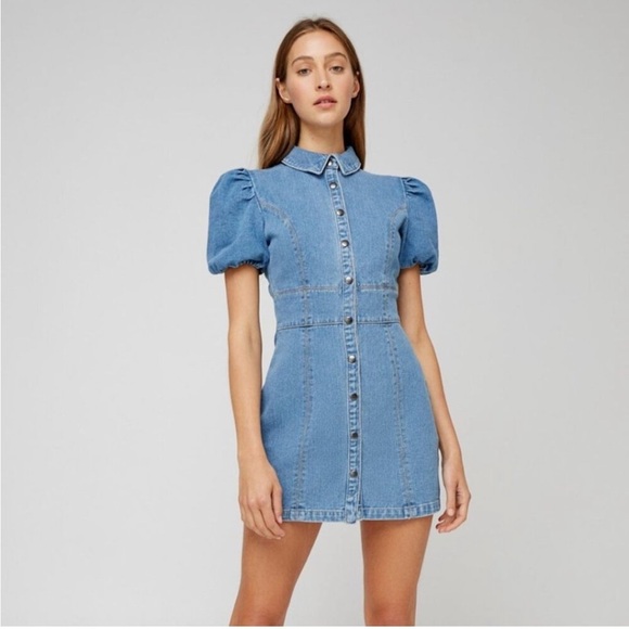 Brand New The Fifth Label Denim Jean Dress Puff Sleeve Button Front Blue Mini - Picture 1 of 16